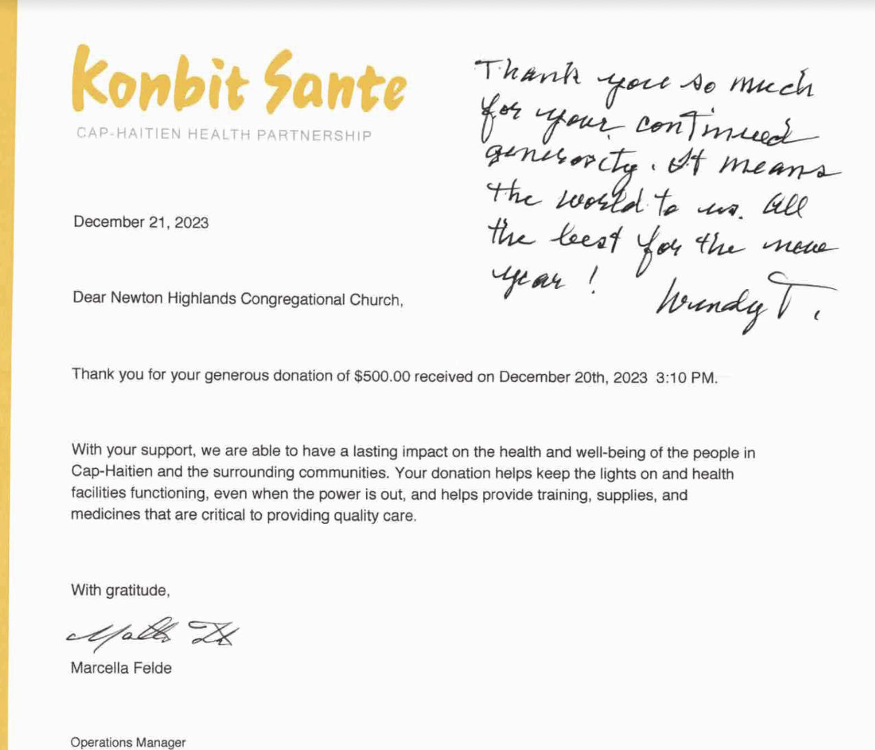 Konbit Sante thank you letter
